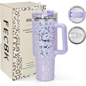 40 oz Tumbler with Handle and Straw, 100% Leak-Proof Travel Mug, Stainless Steel Double Wall Vacuum Insulated Coffee Cup Keeps Cold For 34 Hours, Dishwasher Safe, Lavender Leopard