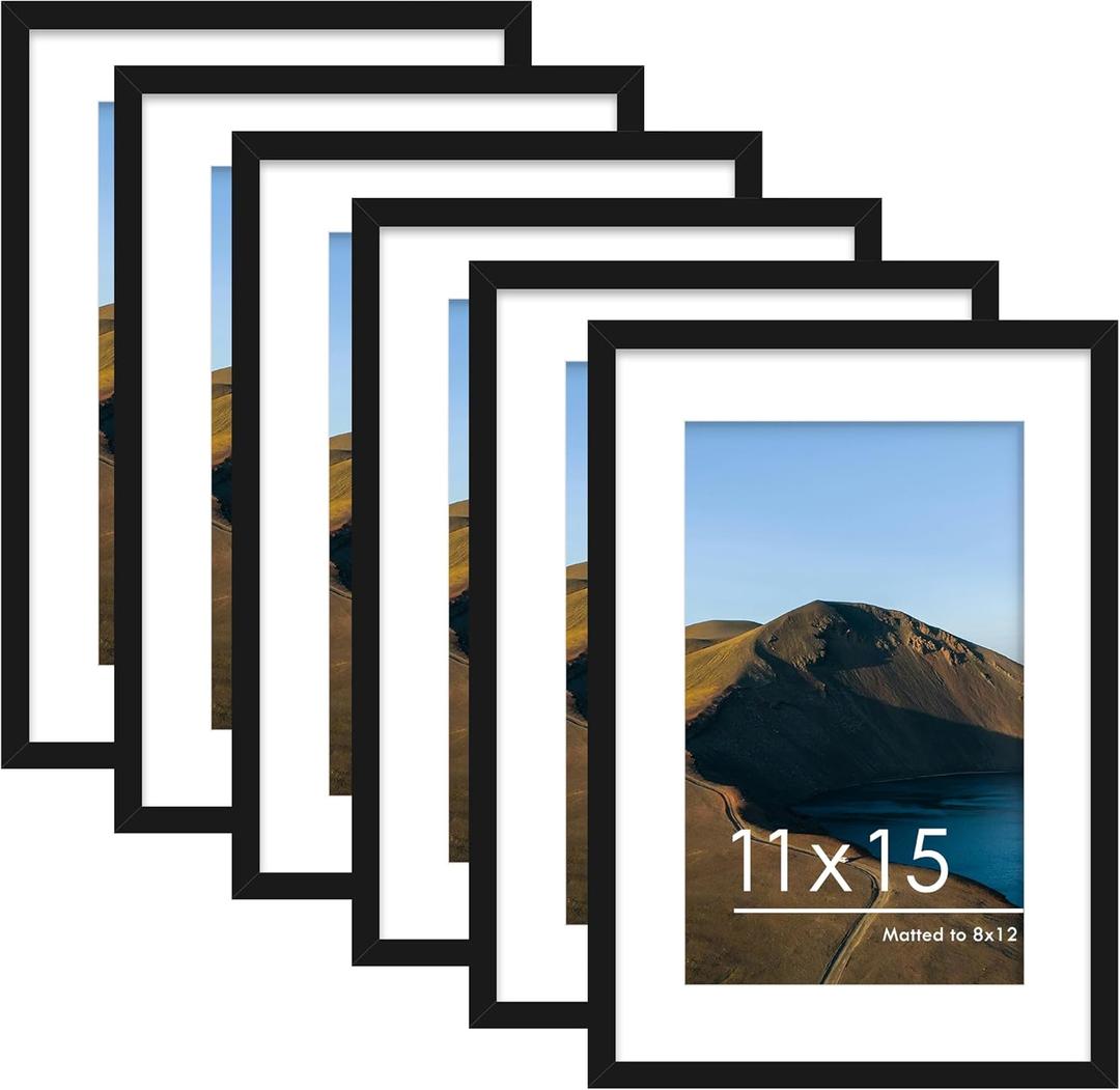 PEALSN 11x15 Picture Frames Set of 6, Display Pictures 8x12 with Mat or 11x15 without Mat for Wall Mounting, Photo Frames Collage for Wall Decor, Black.