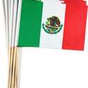2 x QQSD Mexico Small Flag Mexican Stick Mini Hand Held Flags - Solid Wooden Pole with Spear Top, 12 Pack