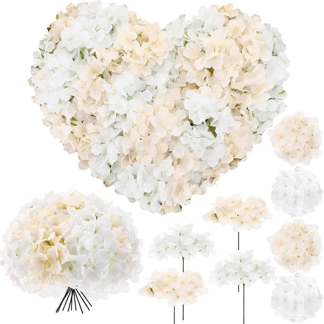 Zeyune 200 Pcs Artificial Hydrangea Flowers Bulk, White & Champagne Silk Hydrangea Heads with Stems for Wedding Centerpieces Bouquets DIY Floral Arrangements Table Decor Party Home Decorations