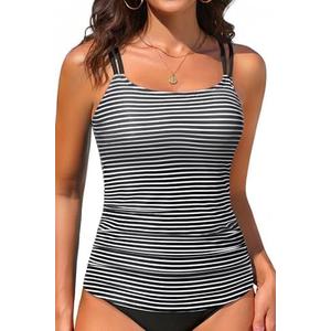 Tankini Tops for Women 2025 - Tummy Control Swim Top Only Modest Bathing Suit Top Swimsuit Top No Bottom (Large, Black Striped)