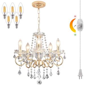 DIMMABLE Plug in Crystal Chandelier 5 Light (BULBS INCLUDED), Champaign Gold Hanging Pendant Light Fixture with 19.68ft Long Cord, K9 Crystal Ceiling for Dining Room, Living Room, Entryway, Kitchen
