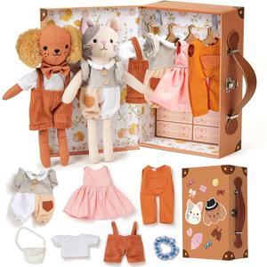 Golray Portable Dress Up Plush Doll Set with Storage Case, Cat & Dog Stuffed Animal Toys, Doll Clothes with Wooden Hangers & Suitcase Wardrobe Travel-Ready Toy Organizer, Gifts for Girls Ages 3+