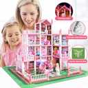Doll House Set for Girls, Princess House Toys with 4 Dolls Furniture and 4-Story 11 Rooms,Pretend Play DIY with Light Strip for Kids, Building Dolls Playset Toys Kit Gift for Ages 3 4 5 6+