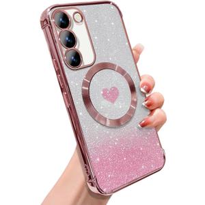 for Samsung Galaxy S23 Plus Case Magnetic,for Women Girl Soft Luxury Plating Bling Gradient Glitter Cute Heart Cover Compatible with MagSafe Clear Shockproof Protective Phone Case 6.6-Pink