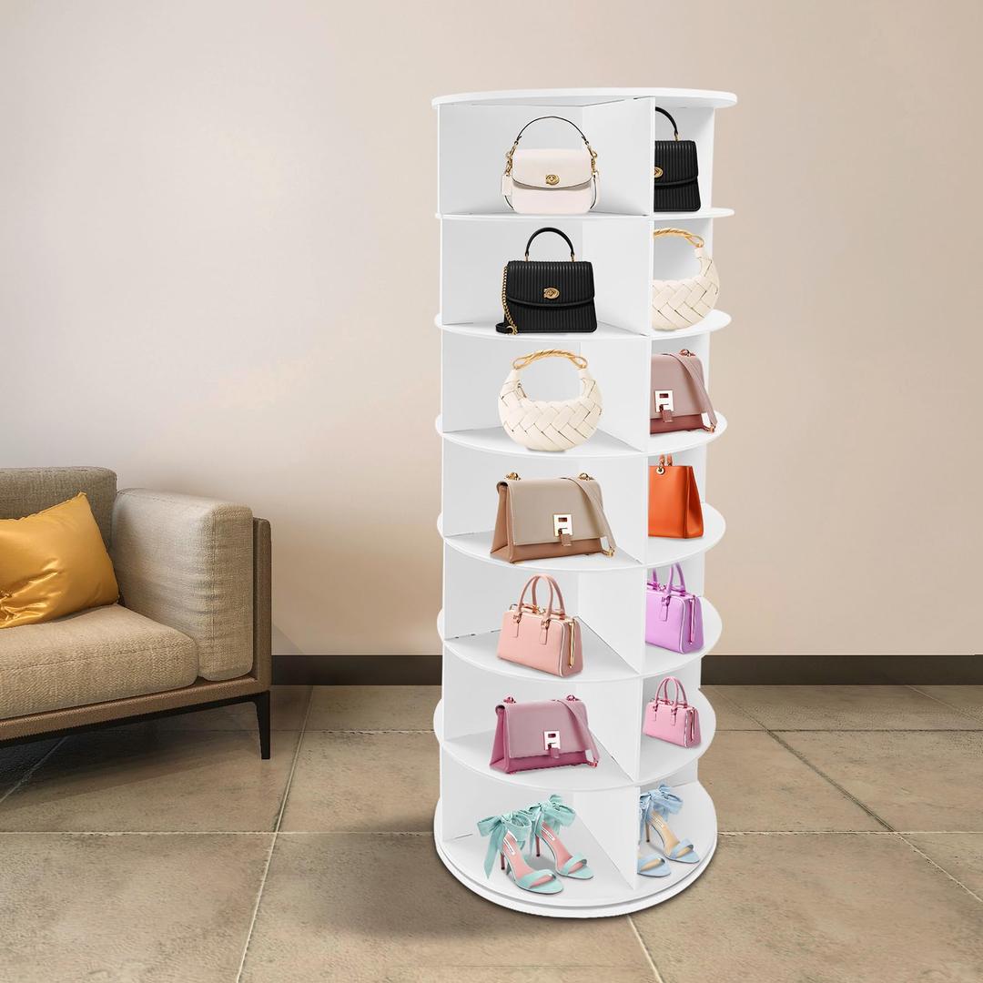 BrFoYu Rotating Shoe Rack 7 Tier Spinning Shoes Organizer Tower for 28-32 Pairs Lazy Susan 360 Revolving Shoe Storage Cabinet Rotate Shoe Handbag Rack Round Carousel for Closet, Bedroom (White)