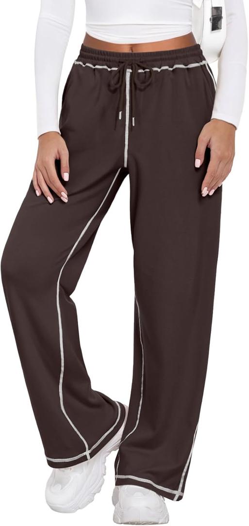 Feiersi Women's Wide Leg Sweatpants Soft Trendy Drawstring Baggy High Waisted Casual Trousers Jogger Sweat Pants (Brown, M)