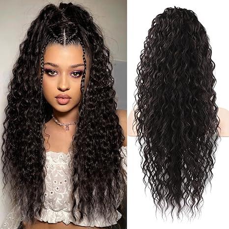 Flufymooz Ponytail Extension, 26 Inch Bohemian Style Drawstring Ponytail Hair Extensions for Women, Long Curly Wavy Pony Tail Natural Synthetic Hairpiece for Women (26 Inch Natural Black)