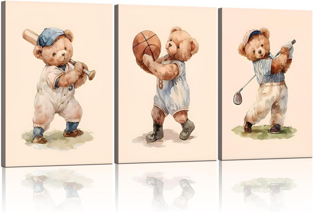 Teddy Bear Sports Nursery Animal Canvas Wall Art Cute Woodland Rugby Wall Decor Pictures Vintage Basketball Baseball Kids Room Poster Prints for Boys Room Bedroom Playroom Decorations16x24in canvas, 16inx24in canvas