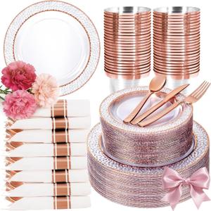 Ciaell 350PCS Rose Gold Plastic Plates - Clear Rose Gold Disposable Plates with Plastic Silverware include 100Plates, 150Silverware, 50Cups, 50Napkins for Wedding & Party & Mother's Day