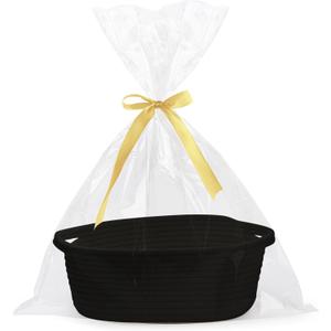 Pro Goleem Small Woven Basket with Gift Bags and Ribbons Durable Baskets for Gifts Empty Small Rope Basket for Storage 12"X 8" X 5" Baby Toy Basket with Handles, Black