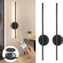 Battery Operated Wall Sconces Set of Two, Wireless Rechargeable Wall Sconces Black with Remote Control Dimmable, Cordless Wall Light Decor for Living Room, Bathroom, Hallway, Timing, 24 Inch