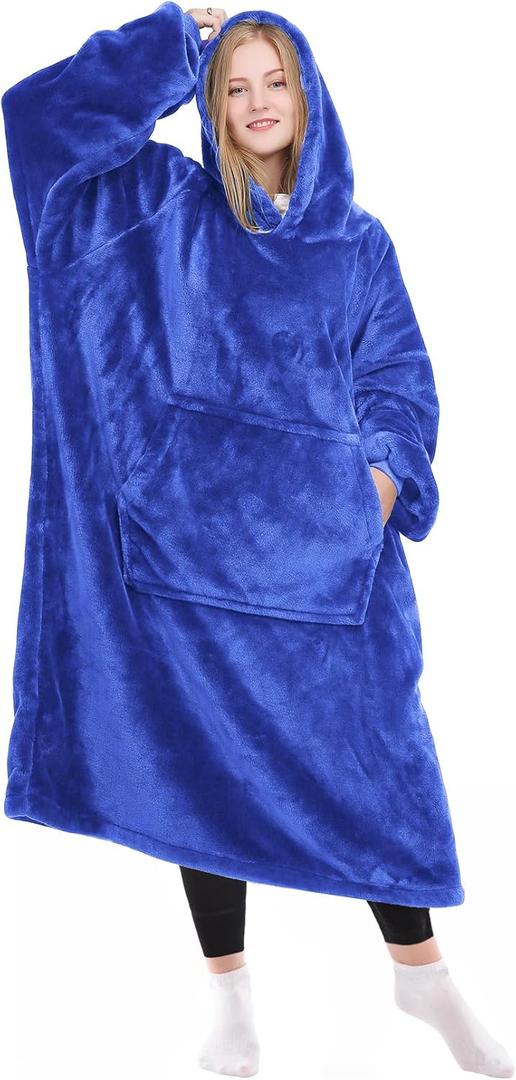KPBLIS Wearable Blanket Hoodie Gifts for Women and Men, Oversized Hooded Blankets Sweatshirt Adult Birthday Gifts for Mom Girlfriend Gifts, Cozy Fleece Blanket with Sleeves and Giant Pocket, Blue