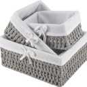 SHEUTSAN 3 PCS 3 Sizes Gray Woven Storage Basket with Removable Liner, Decorative Paper Rope Woven Storage Bin for Organizing and Storing
