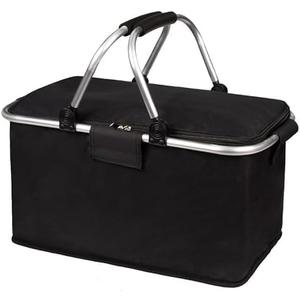 Large Foldable Picnic Basket (Black, 26L) 3 Layers of Reusable Thermal Cooler Bag with Oxford Cloth Exterior & Aluminum Foil Liner, Waterproof Durable Handheld Bag for Lunch, Picnic, Travel, Shopping, Blue Black