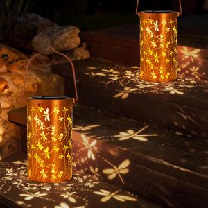 2 Pack Solar Lanterns Outdoor Hanging Lantern Lights, Dragonfly Hollowed-Out Metal Decor Lantern, Waterproof LED Decorative Garden Light - Delicate Garden Decoration for Patio, Yard