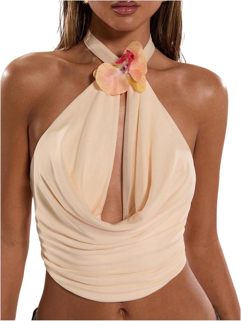 Verdusa Women's Sexy 3D Floral Halter Top Draped Backless Mesh Crop Summer Going Out Tops (Medium, Apricot)