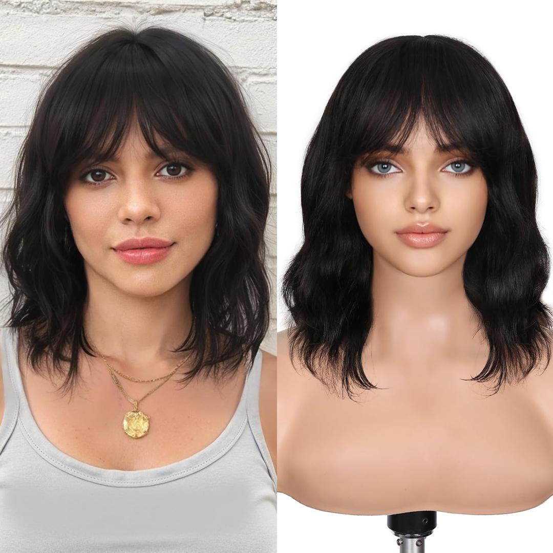 FAVE Natural Wave Human Hair Wigs with Bangs 12" Brazilian Virgin Human Hair 13 HD Lace Top Wig Bob Wig with Bangs Glueless Black Wigs Easy Install