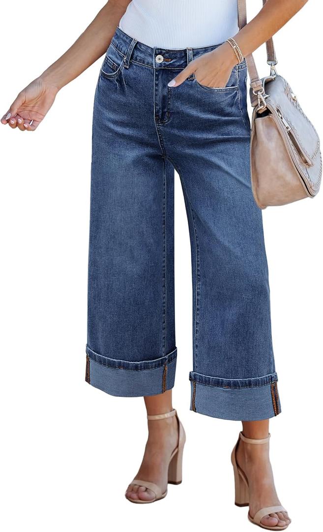 GRAPENT Wide Leg Jeans for Women High Waisted Stretchy Denim Crop Pants Fold Hem Cropped Baggy Jeans with Pockets (XX-Large, Reef Blue)