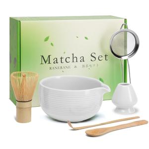Matcha Whisk Set, Ceramic Matcha Set Includes Matcha Bowl, Matcha Whisk (Chasen) and Holder, Sifter, Bamboo Scoop & Spoon - 6 Pcs Matcha Kit for Matcha Lovers White