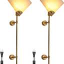 Alabaster Plug in Wall Sconce Set of Two, Natural Marble Wall Light, Wall Mounted Lamp with Plug in Switch E26 Base,Modern LED Wall Lamp for Living Room Dining Room Stairs Bedroom (Brushed antique copper)