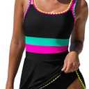 Popvil Women One Piece Swimsuit 2026 Tummy Control Bathing Suit Neon Modest Swim Dress with Skirt Full Coverage, L
