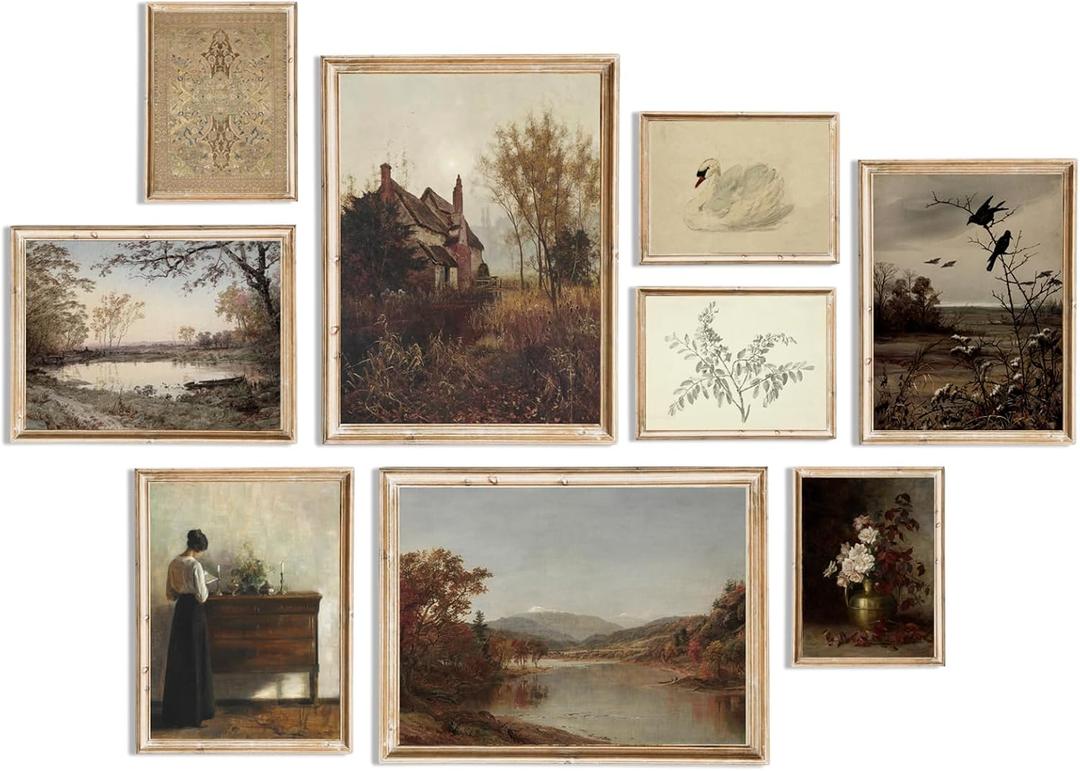 uniro Vintage Wall Art Decor Prints Farmhouse Wall Decor Vintage Fall Autumn Canvas Wall Art Prints Nature Landscape Lakes Swan Botanical Flower Women Painting Poster Rustic Cottagecore Decor Retro (Retro 01 - 9pcs)