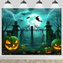8x6ft Halloween Backdrop Banner Spooky Cemetery Gate Glowing Pumpkins Bats Scene Perfect for Horror Party Decor Photo Booth Background Indoor Outdoor Celebrations