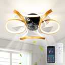 Ceiling Fan with Light Low Profile with APP Remote 6 Speeds 3 Colors 20.5 Dimmable Small Flush Mount Bladeless Modern Reversible Geometric Fandelier for Living Room Bedroom Kitchen, Gold