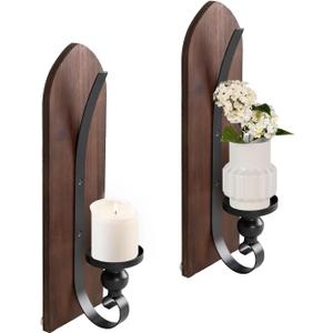 Wall Candle Sconces Set of Two, Brown Wall Mounted Metal and Wooden Wall Candle Holders, Farmhouse Candle Sconces for Bedroom, Fireplace