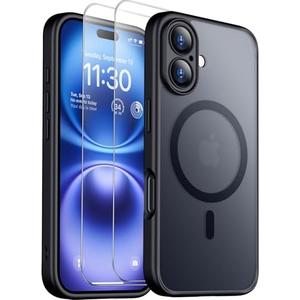 SPIDERCASE Magnetic for iPhone 16 Plus Case,with 2 Pcs [Tempered Glass Screen Protector] Translucent Matte Back Slim Shockproof Protective Phone Case for iPhone 16 Plus 6.7'',Black 2 Pack