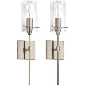 Brushed Nickel Wall Sconces Set of 2, Modern Wall Sconce Vanity Light Fixtures with Clear Glass, Hardwired Wall Mount Lights Bathroom Wall Sconces Lighting for Living Room Corridor Bedroom Mirror