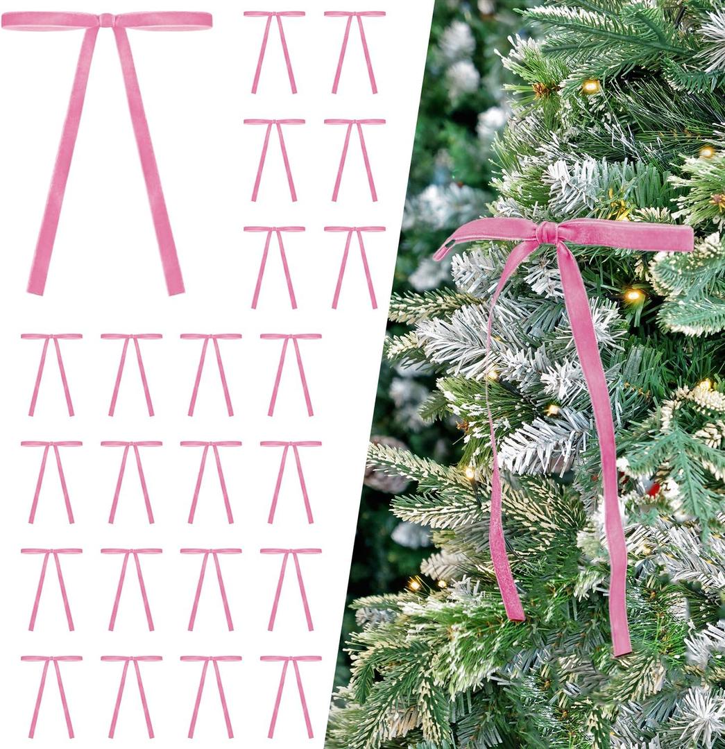 2 x 24 Pcs Pink Velvet Bows Ornaments for Christmas Tree, Vintage Rustic Elegant Velvet Christmas Bows Tree Decorations, Indoor Home Decor for Wreath Mantle Gift Wrap Holiday Decor, 3/8'' W, 5 * 7 inch