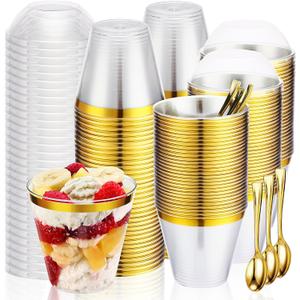 Jinei 50 Sets 9 oz Plastic Dessert Cups with Dome Lids Spoons Gold Rimmed Clear Disposable Plastic Fruit Cups with Lids for Yogurt Parfait Pudding Cupcake Ice Cream Party Wedding Reception