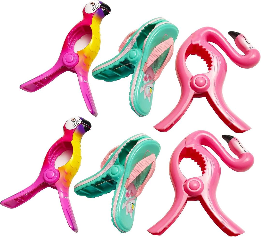6 Pieces Beach Towel Clips, Flip Flop Towel Holders, Flamingo Chair Clips, Parrot Clips, Clothes Pins in Prefect Size for Pool Loungers Blanket