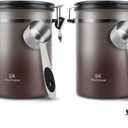 Coffee Canister Airtight Storage Container Stainless Steel Coffee Jar with Scoop, Date Tracker CO2 Release Valve for Dry Food Beans Ground Tea Flour Cereal and Sugar (1.8L Grey-Brown With Spoon (2 Pcs))