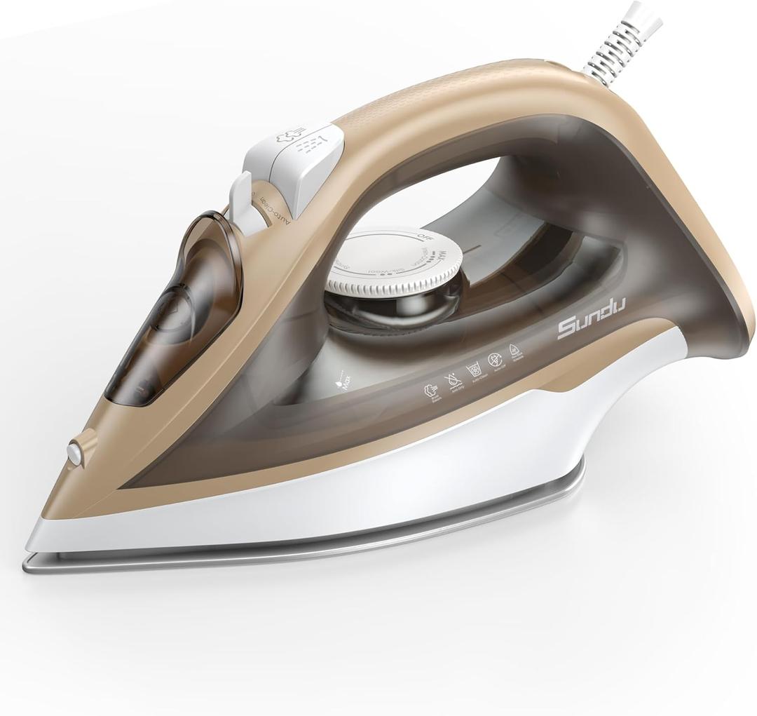 Steam Irons for Clothes 15s Fast Heat-up,1500W Powerful steam Iron with 11.84oz Water Tank, Non-Stick Ceramic Soleplate, Anti-Drip, Auto-Off, Burst Steam, Self-Cleaning, Ironing Clothes for Home (Buff)