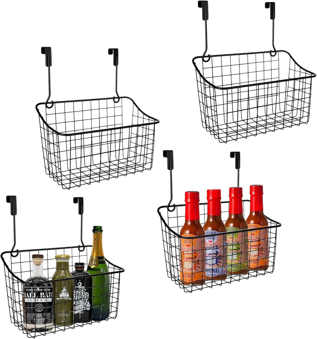4PCS Over the Cabinet Basket, Over Cabinet Door Organizer, Grid Storage Baskets with Hooks, Metal Hanging Basket Kitchen Storage Organizer Holder for Pantry, Bathroom, Black, 11x9.2x4.3