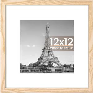upsimples 12x12 Picture Frame, Display Pictures 8x8 with Mat or 12 x 12 Without, Wall Hanging Square Frames, Natural, 1 Pack