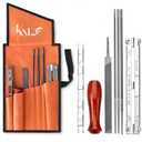 Katzco Chainsaw Sharpener File Kit - Contains 5/32, 3/16, and 7/32 Inch Files, Wood Handle, Depth Gauge, Filing Guide, and Tool Pouch - for Sharpening and Filing Chainsaws and Other Blades