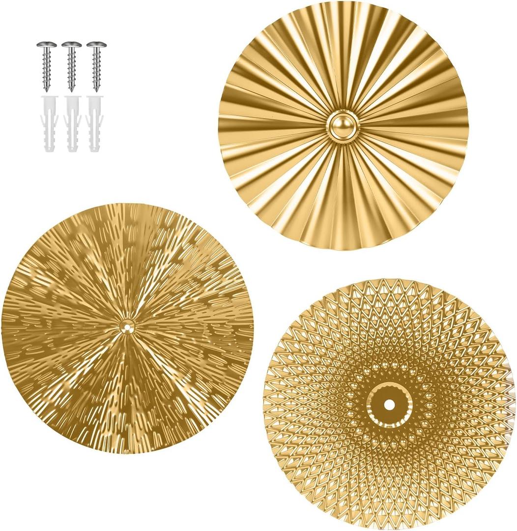 sanipoe 3 Pcs 10 Inch Gold Wall Decor Living Room Wall Art, Modern Wall Art for Home Decor, Maximalist Decor, Sunburst Hanging Metal Decorations for Bedroom or Office (10''  10'')