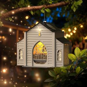Church-Shaped Metal Bird Feeder with Solar Light - Hanging Outdoor Feeder, 5 LB Large Capacity & Bird Suet Design, Weatherproof, Garden/Yard/Deck Decor & Unique Gift for Christmas & Mother's Day