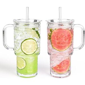 18oz Glass Tumbler with Handle and Lid, 2 Pack Iced Coffee Cups with Straw, Thicked Wall Glass Mug for Cold & Hot Water, Travel Car Cup for Smoothies, Tea, and Juice