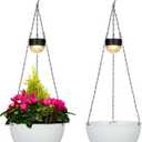 BAYN 2 Packs Solar Hanging Basket Planters for Plants Outdoor, Self Watering White Flower Plants Pots with Solar Light Drainer for Balcony Patio Garden Outdoor Decoration