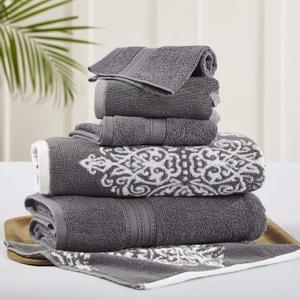 Modern Threads Artesia Damask 6-Piece 100% Combed Cotton Reversible Yarn Dyed Jacquard Towel Set Platinum