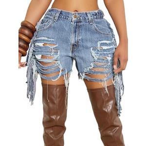 Kwunbwa Women's High Waist Ripped Denim Shorts Tassels Hem Distressed Stretchy Trendy Summer Jean Shorts Size XL