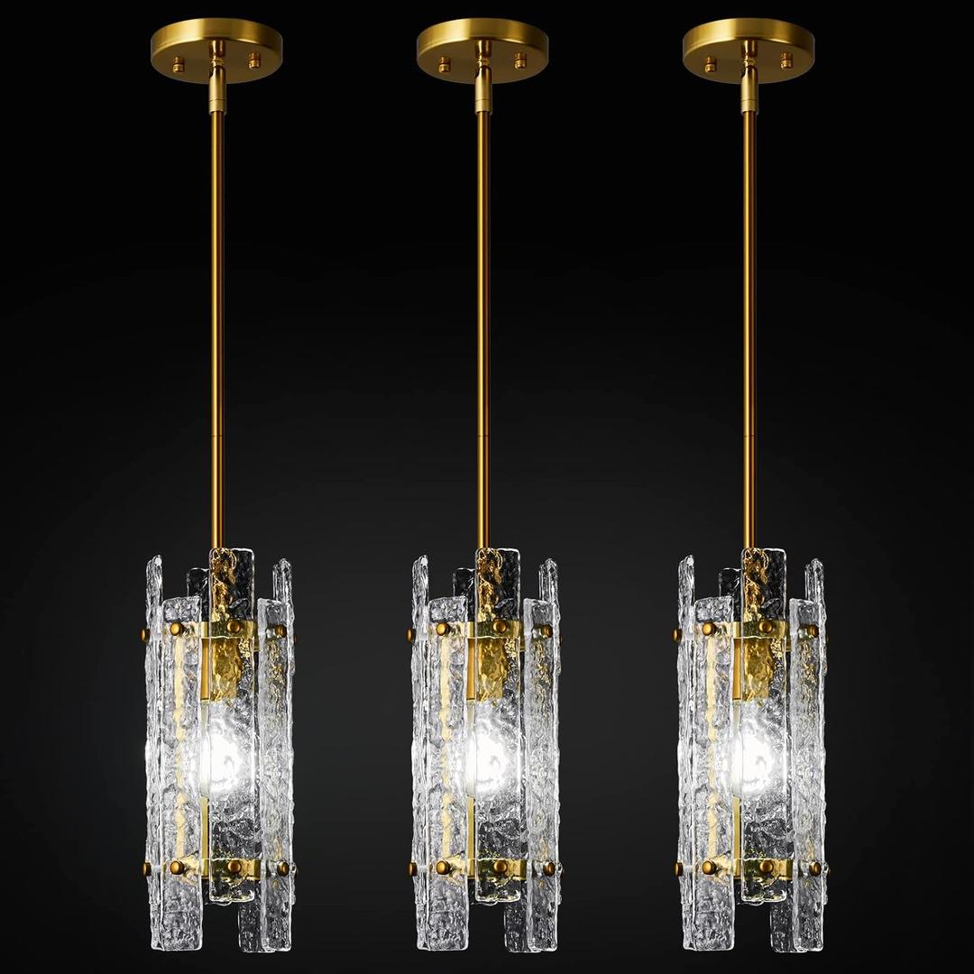 Modern Crystal Pendant Lighting Gold Pendant Lights Mini Glass Chandeliers, Adjustable Pendant Light Fixture for Kitchen Island Bedroom Living Room Dining Room Corridor(3Pack) (5.3in-3Pack, Gold)