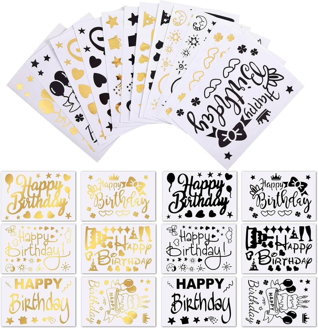 Outus 12 Pieces Balloon Sticker Bobo Party PVC Letter Stickers Balloon Decals Paster for DIY Birthday Mother's Day Wedding Party Decoration Supplies(Black Gold,Birthday)