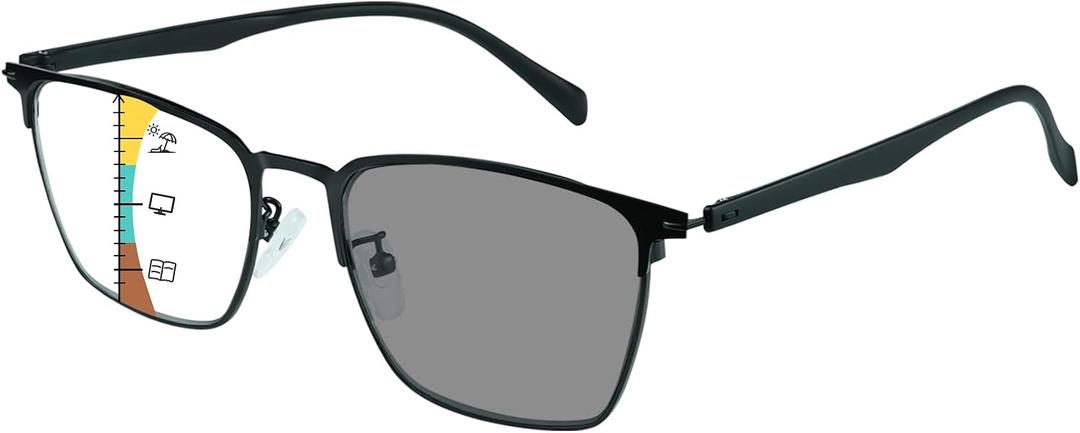 Photochromic Progressive Multifocus Reading Glasses Metal Lightweight Blue Light Blocking Glasses for Daily Wear (Black)