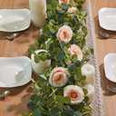 PARTY JOY 6.56ft Eucalyptus Garland with Flowers-8 Red Roses-Lush,Natural Looking, Floral Garland Greenery for Party Wedding Table Indoor Outdoor Backdrop Wall Decor（Red,1）